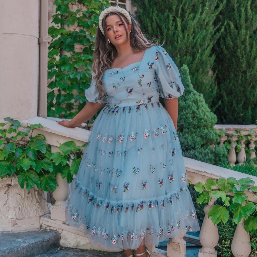 JessaKae Light Blue Floral Embroidered Midi Dress